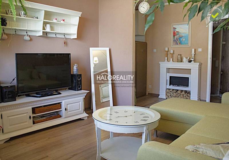 Predaj, dvojizbový byt Košice Západ - Terasa, Luník ... - Obývačka s televízorom, krbom a podlahou s dreveným dekorom v 2-izbovom byte.