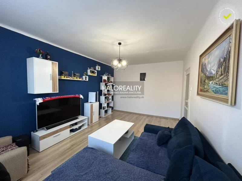 Predaj, dvojizbový byt Spišská Nová Ves, Tarča - ZNÍ... - Svetlá obývačka v 2-izbovom byte, modrá stena, sedačka, TV a podlaha s dreveným dekorom.