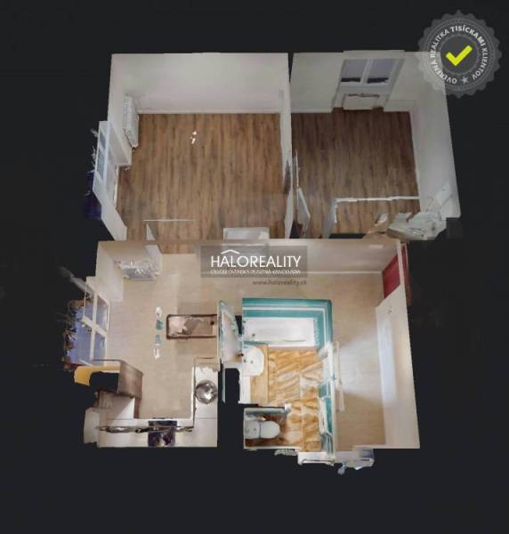 REZERVOVANÉ - Predaj, dvojizbový byt Spišská Nová Ve... - Pôdorys 2-izbového bytu s podlahou s dreveným dekorom a vybavenou kúpeľňou.