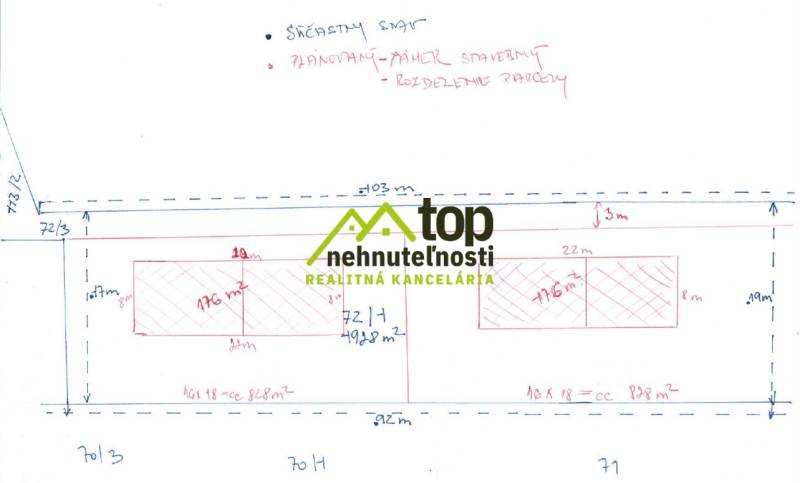 Piešťany - 15 minút smer TO pekný pozemok zaradený v ÚP - Plán rozdelenia stavebných pozemkov na bývanie v Nitrianskej Blatnici so zakreslením metrov štvorcových.