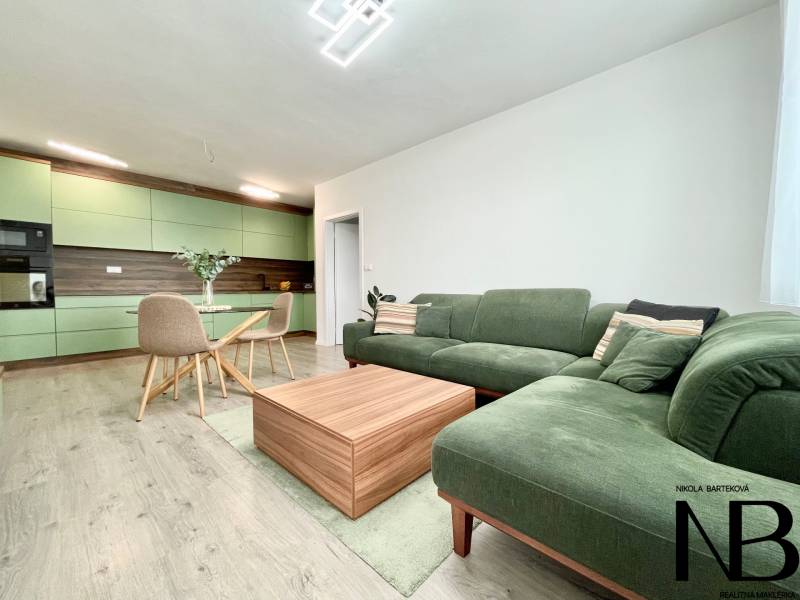 Na predaj štýlový 2-izbový byt s loggiou a parkovaním – TN, Na Pažiti - Obývacia miestnosť 2-izbového bytu s podlahou s dreveným dekorom, zelená sedačka, kuchyňa.