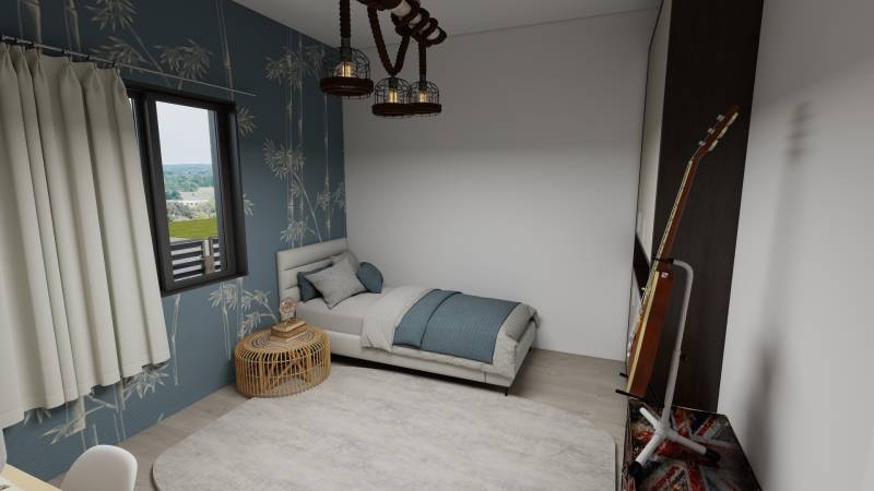 NOVOSTAVBA  ATRAKTÍVNY 4 I RODINNÝ DOM,650m2 pozemok - Izba v Rodinnom dome s posteľou, gitarou a modrou tapetou.