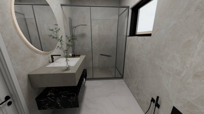 NOVOSTAVBA  ATRAKTÍVNY 4 I RODINNÝ DOM,650m2 pozemok - Kúpeľňa s umývadlom, sprchovacím kútom a oknom v rodinnom dome.