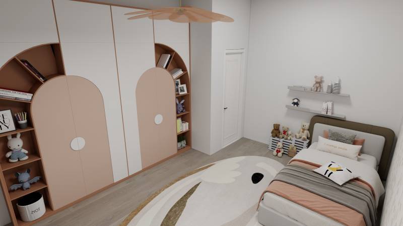 NOVOSTAVBA  ATRAKTÍVNY 4 I RODINNÝ DOM,650m2 pozemok - Detská izba v rodinnom dome s posteľou, skrinkami a dekoratívnymi hračkami, podlaha s dreveným dekorom.