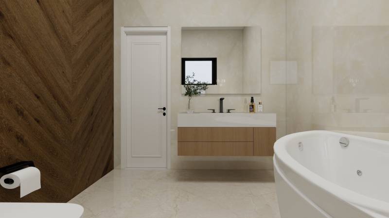 NOVOSTAVBA  ATRAKTÍVNY 4 I RODINNÝ DOM,650m2 pozemok - Minimalistická kúpeľňa s vaňou, umývadlom a podlahou s dreveným dekorom v rodinnom dome.