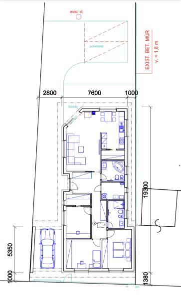 NOVOSTAVBA  ATRAKTÍVNY 4 I RODINNÝ DOM,650m2 pozemok - Návrh zobrazuje pôdorys rodinného domu s garážou a terasou, ideálna architektúra.