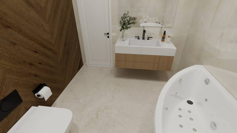 NOVOSTAVBA  ATRAKTÍVNY 4 I RODINNÝ DOM,650m2 pozemok - Kúpeľňa v rodinnom dome s vaňou, umývadlom a podlahou s dreveným dekorom.