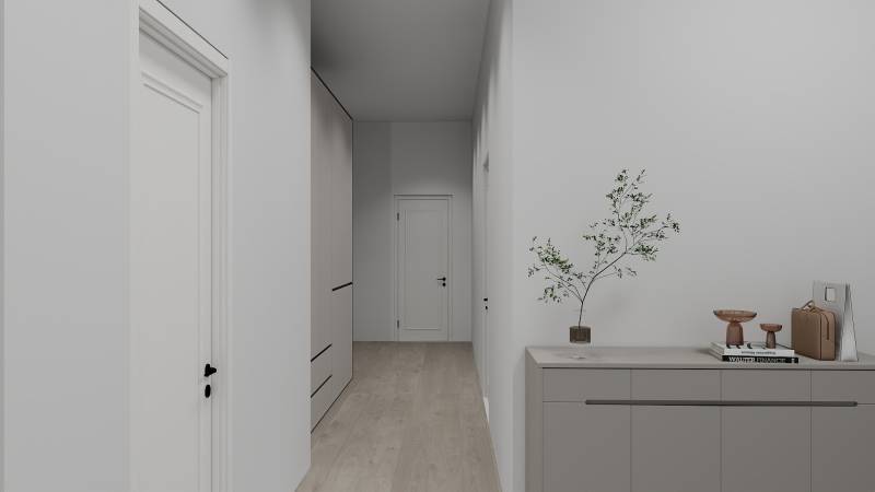 NOVOSTAVBA  ATRAKTÍVNY 4 I RODINNÝ DOM,650m2 pozemok - Chodba v rodinnom dome s podlahou s dreveným dekorom a jednoduchým nábytkom.