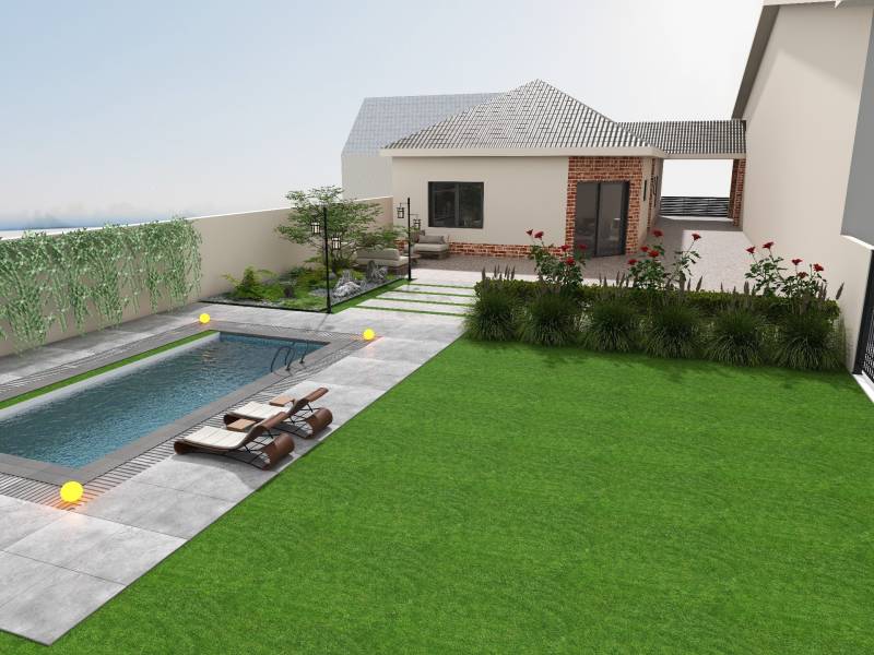 NOVOSTAVBA  ATRAKTÍVNY 4 I RODINNÝ DOM,650m2 pozemok - Rodinný dom v Cíferi s bazénom, terasou, záhradou a ležadlami.