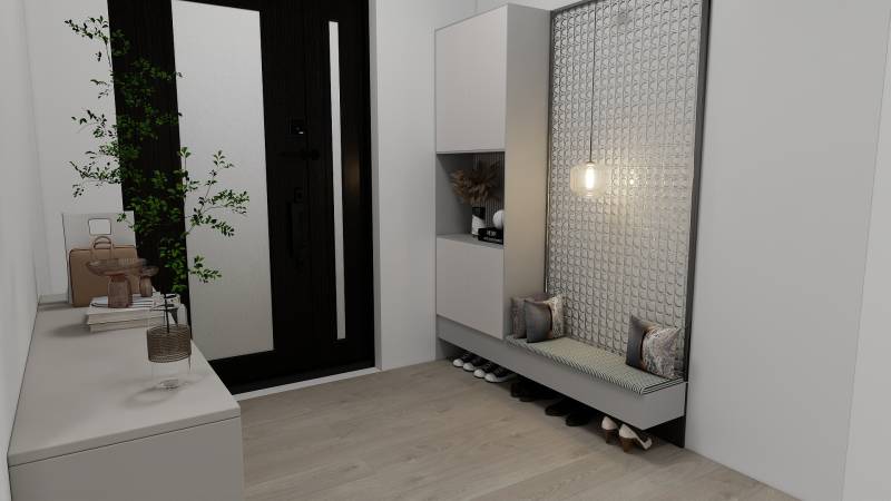 NOVOSTAVBA  ATRAKTÍVNY 4 I RODINNÝ DOM,650m2 pozemok - Interiér Rodinného domu s podlahou s dreveným dekorom, vstupná hala so sedením a úložným priestorom.