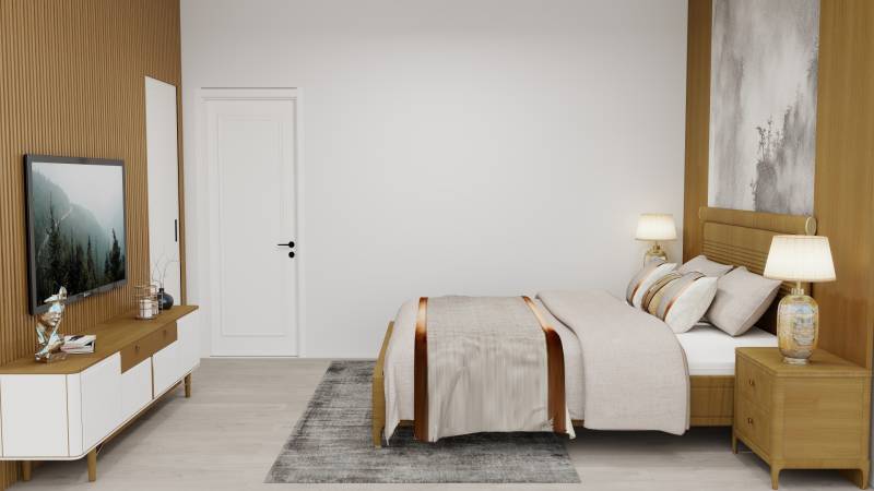 NOVOSTAVBA  ATRAKTÍVNY 4 I RODINNÝ DOM,650m2 pozemok - Spálňa s podlahou s dreveným dekorom, posteľou a televízorom v Rodinnom dome.