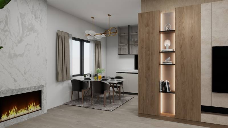 NOVOSTAVBA  ATRAKTÍVNY 4 I RODINNÝ DOM,650m2 pozemok - Rodinný dom s podlahou s dreveným dekorom, krbom a jedálenským stolom.