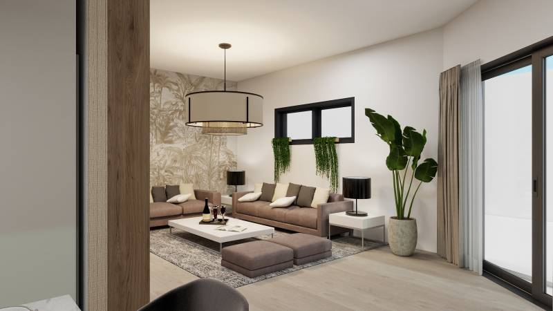 NOVOSTAVBA  ATRAKTÍVNY 4 I RODINNÝ DOM,650m2 pozemok - Obývacia izba v rodinnom dome s pohodlnou pohovkou a podlahou s dreveným dekorom.