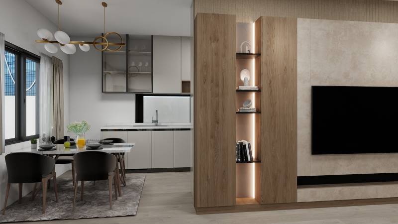 NOVOSTAVBA  ATRAKTÍVNY 4 I RODINNÝ DOM,650m2 pozemok - Jedálenský kút s kuchyňou v rodinnom dome s podlahou s dreveným dekorom.