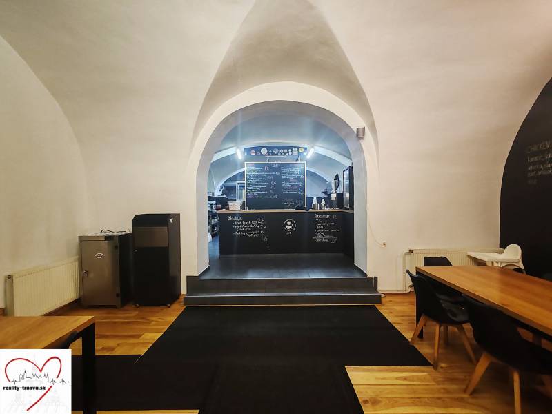 Odstúpenie prenájmu zabehnutej street food reštaurácie – centrum Trnav - Interiér gastro priestorov s klenbami, tabuľovými stenami a podlahou s dreveným dekorom.