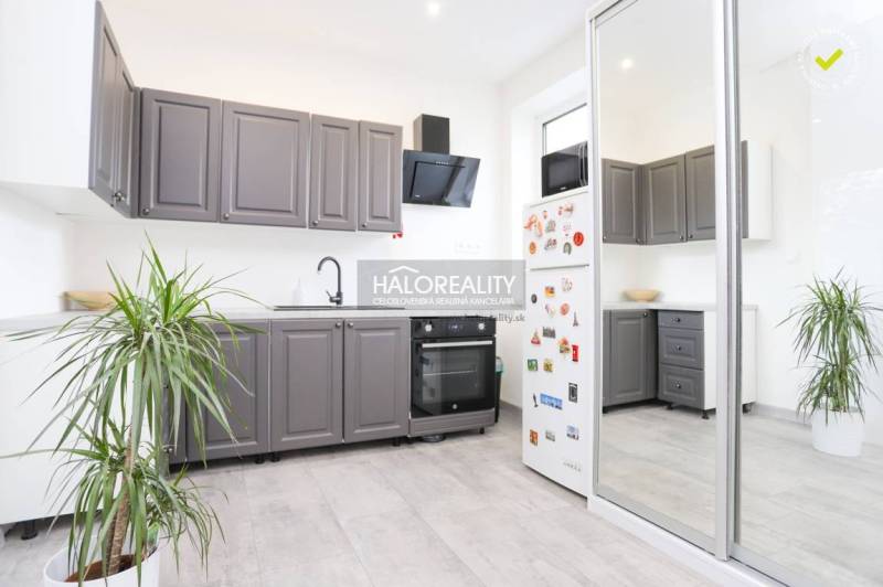 Prenájom, dvojizbový byt Považská Bystrica, Lánska -... - Kuchyňa v 2-izbovom byte s bielymi stenami, šedými skrinkami a rastlinou.