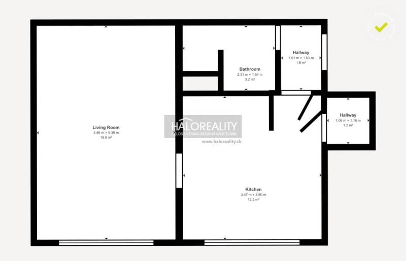 Predaj, jednoizbový byt Lučenec - EXKLUZÍVNE HALO RE... - Pôdorys 1-izbového bytu s obývacou izbou, kuchyňou a kúpeľňou.