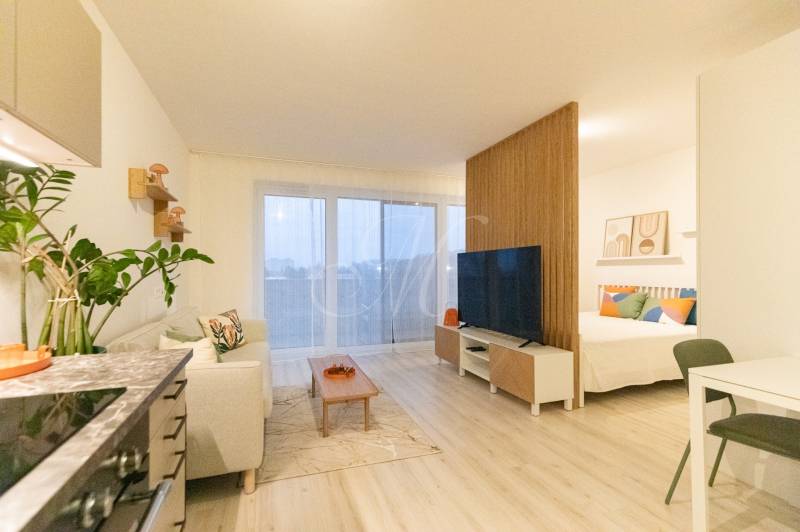 Slnečný 1,5i byt s loggiou a parkovaním - Interiér 1-izbového bytu s podlahou s dreveným dekorom a útulným sedením.