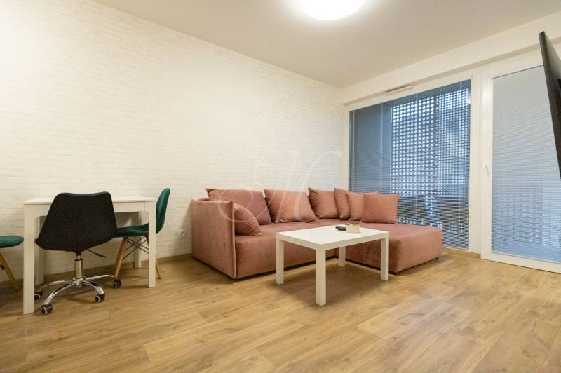 Zariadený 2i byt s lodžiou v rezidencii Pri Mýte - Obývacia izba v 2-izbovom byte s pohovkou, stolom a podlahou s dreveným dekorom.