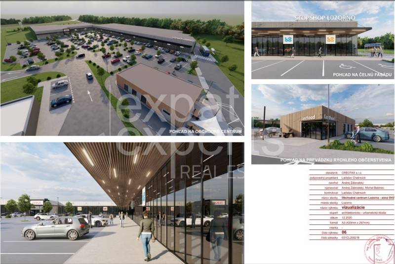 Stavebný pozemok na RD /dvojdom, pri lese za traťou, 1170m2, všetky IS - Vizualizácia obchodného centra v Lozorne na Borovicovej ulici s parkoviskom a fastfoodom.