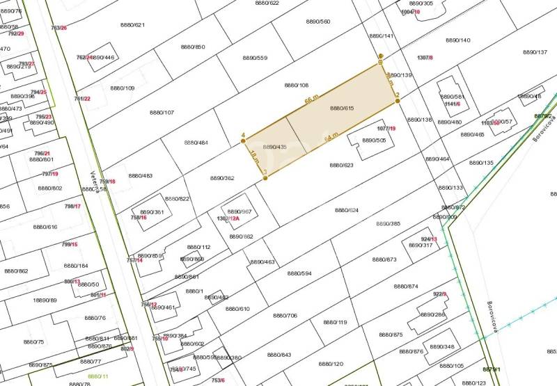 Stavebný pozemok na RD /dvojdom, pri lese za traťou, 1170m2, všetky IS - Katastrálna mapa pozemkov na Borovicovej ulici v Lozorne pre bývanie.