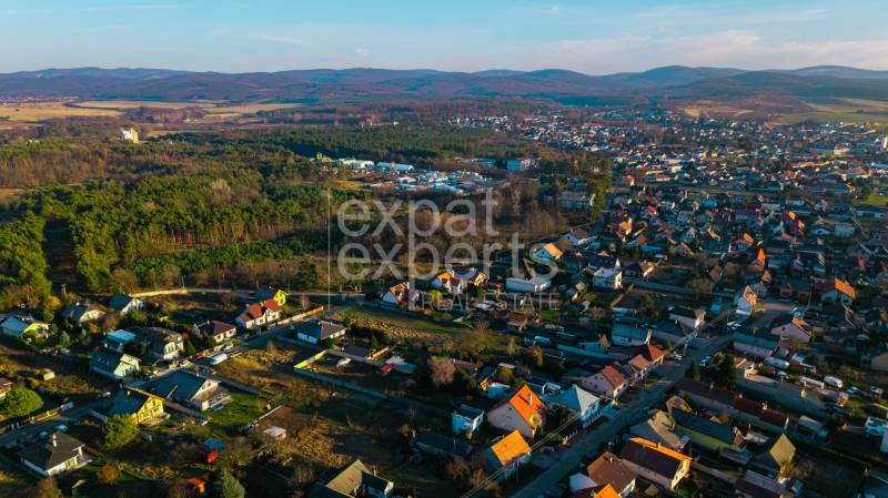Stavebný pozemok na RD /dvojdom, pri lese za traťou, 1170m2, všetky IS - Letecký pohľad na domy a zeleň v Lozorne na Borovicovej; ideálne pre Pozemky - bývanie.