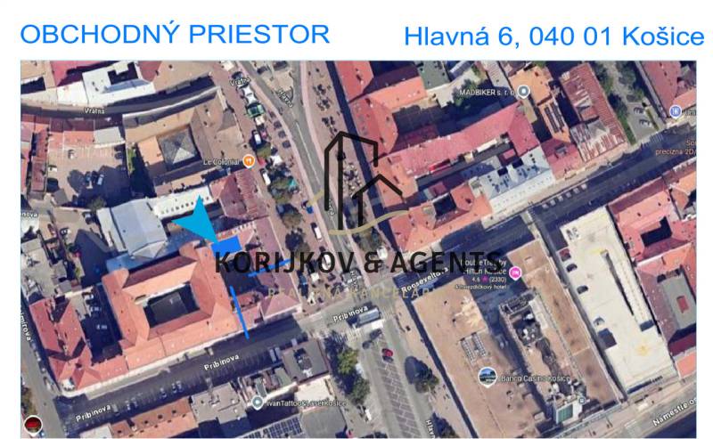 PRENÁJOM Obchodné a kancelárske priestory v centre Košíc, Hlavná - Letecký pohľad na obchodné priestory na Hlavnej ulici, Košice - mestská časť Staré Mesto.