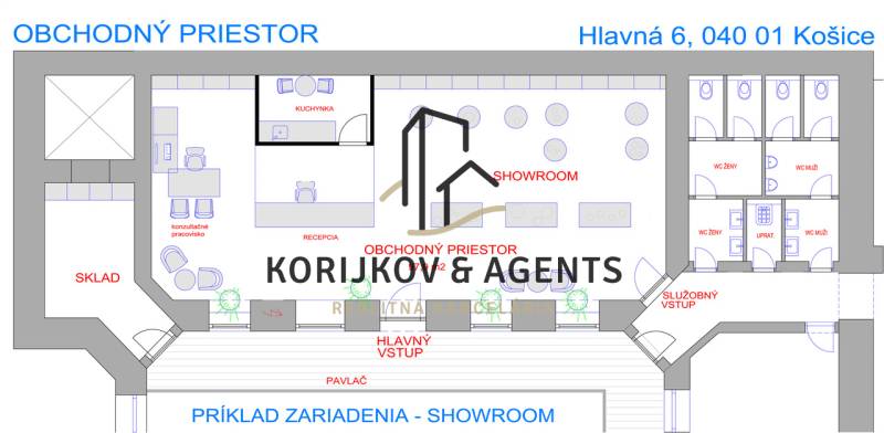 PRENÁJOM Obchodné a kancelárske priestory v centre Košíc, Hlavná - Pôdorys obchodného priestoru s recepciou, kuchynkou, showroomom a sociálnymi zariadeniami.
