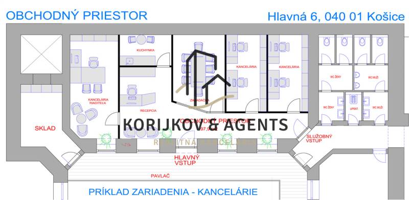 PRENÁJOM Obchodné a kancelárske priestory v centre Košíc, Hlavná - Pôdorys obchodných priestorov zahŕňa kancelárie, zasadačku, kuchynku a sklady.