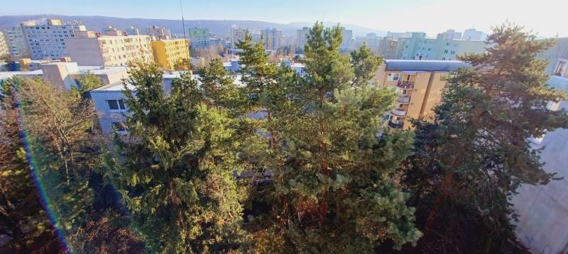 Na predaj 3izbový byt Tranovského , Dúbravka - Veža s panelákmi a stromami v Bratislave - Dúbravke na Tranovského, neďaleko 3-izbových bytov.