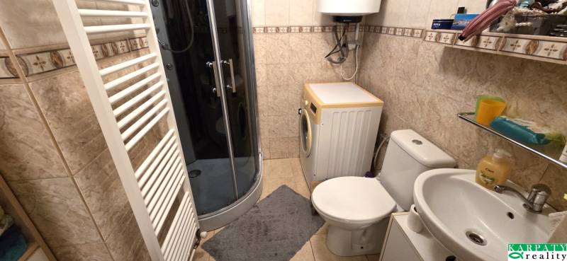 Na predaj 2 izbový rodinný dom, Dolné Orešany! - Kúpeľňa v rodinnom dome s práčkou, sprchovacím kútom a rebríkovým radiátorom.