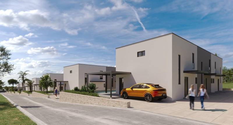 CHORVÁTSKO - Nový apartmánový komplex - MANDRE, ostrov PAG - Radová zástavba 4-izbových bytov v Mandre, s parkovaním a upravenou zeleňou.