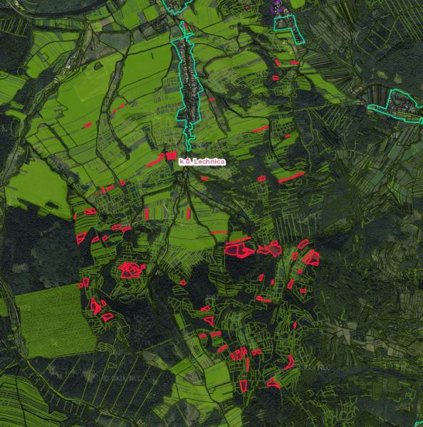 Lechnica – Orná pôda a lúky v komasácii - Letecký pohľad na poľnohospodárske a lesné pozemky v okolí Lechnice, označené farebnými líniami.