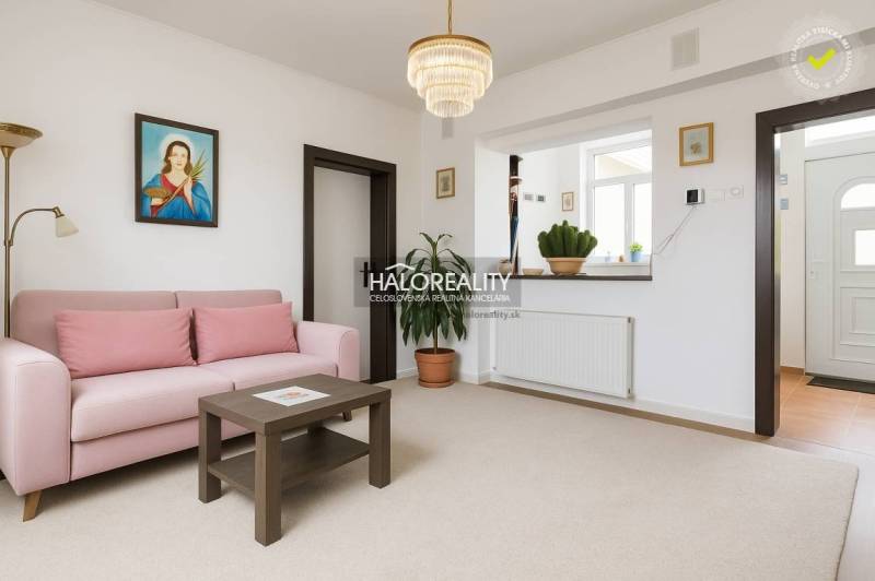 Predaj, rodinný dom Beša - Svetlá obývacia izba v rodinnom dome so sivou sedačkou a zelenými rastlinami.