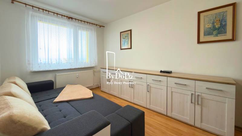 3-izbový zariadený byt, 78 m2, zasklenná loggia, Považská ul., Nitra - Izba s pohovkou, nábytkom a podlahou s dreveným dekorom v 3-izbovom byte.