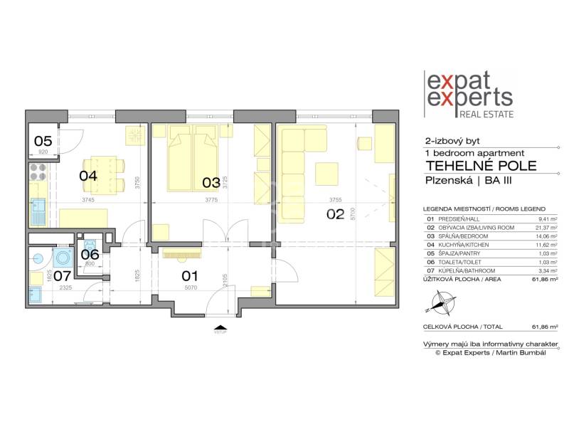 Svetlý, jedinečný 2i byt 62m2, po rekonštrukcií, s pivnicou   - Pôdorys 2-izbového bytu na Plzenskej ulici v Bratislave - Novom Meste.