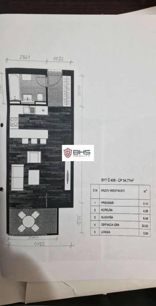Predaj 1ibyt (garsonka) v uzavretom areáli v DNV (novostavba) - Pôdorys 1-izbového bytu s kuchyňou, kúpeľňou a obývacou izbou.