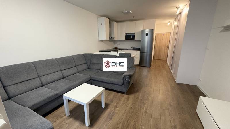 Predaj 1ibyt (garsonka) v uzavretom areáli v DNV (novostavba) - Štýlová kuchyňa a obývacia zóna s pohodlnou sedačkou, podlaha s dreveným dekorom.