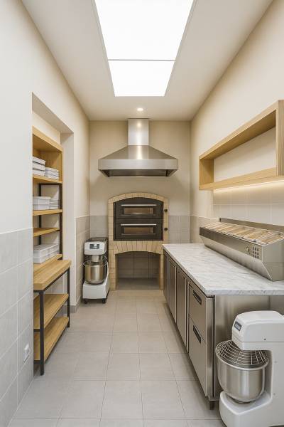 Multifunkčný priestor s terasou v Starom Meste - Profesionálna kuchyňa s pecou, pracovnými stanicami a úložným priestorom v obchodných priestoroch.