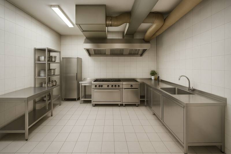 Multifunkčný priestor s terasou v Starom Meste - Profesionálna kuchyňa v obchodných priestoroch so zariadením z nehrdzavejúcej ocele.