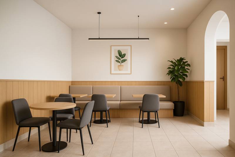 Multifunkčný priestor s terasou v Starom Meste - Moderné sedenie so stenou v drevenom dekore a rastlinou v 2-izbovom byte.