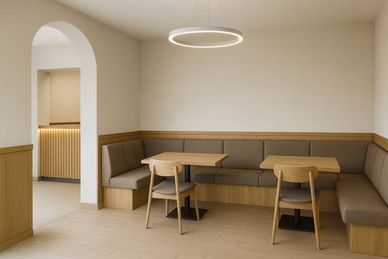 Multifunkčný priestor s terasou v Starom Meste - Obchodné priestory s podlahou s dreveným dekorom, útulné sedenie a kruhové svietidlo.