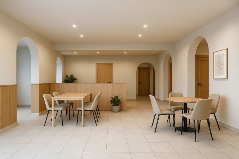 Multifunkčný priestor s terasou v Starom Meste - Jemne osvetlené obchodné priestory s oblúkmi, nábytkom a dlažbou, vytvárajúce príjemné prostredie.