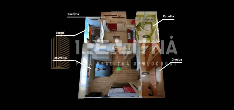 PRIESTRANNÝ 1-IZBOVÝ BYT, 38 M², BANSKÁ BYSTRICA - SITNIANSKA - Pôdorys ukazuje usporiadanie 1-izbového bytu s kuchyňou, obývačkou a kúpeľňou.