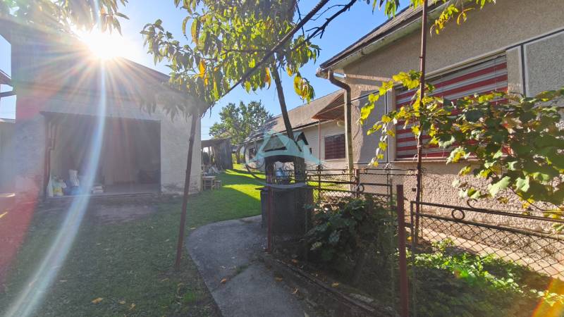 Rodinný dom v obci Čebovce v okrese Veľký Krtíš. - Záhrada s rodinným domom v Čebovciach, oplotenie, zeleň, budova na pozadí, slnečný deň.