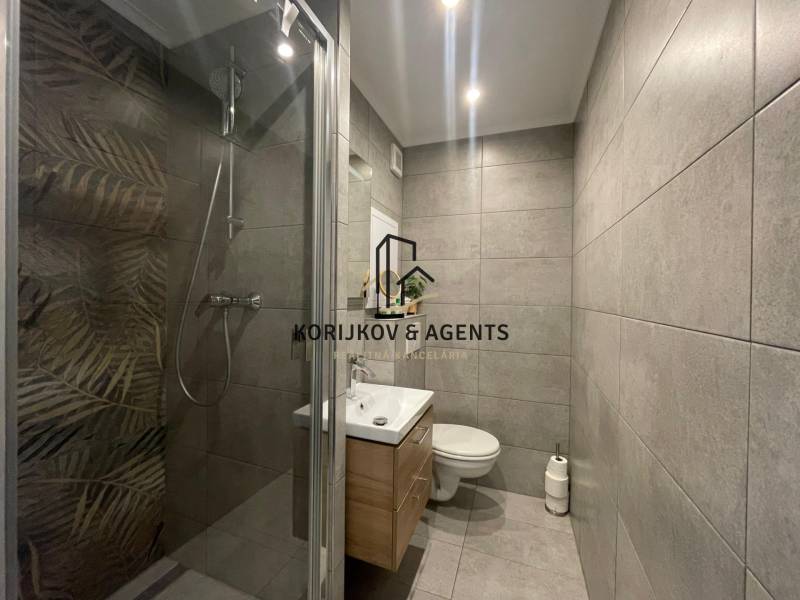 PRENÁJOM, garsónka na Jegorovovom námestí, Košice-Dargovských hrdinov - Kúpeľňa v garsónke s modernou sprchou, umývadlom a wc, dlaždice sú sivého odtieňa.