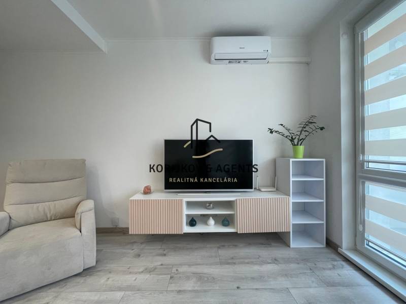 PRENÁJOM, garsónka na Jegorovovom námestí, Košice-Dargovských hrdinov - Obývací priestor garsónky so sedačkou, televízorom a podlahou s dreveným dekorom.