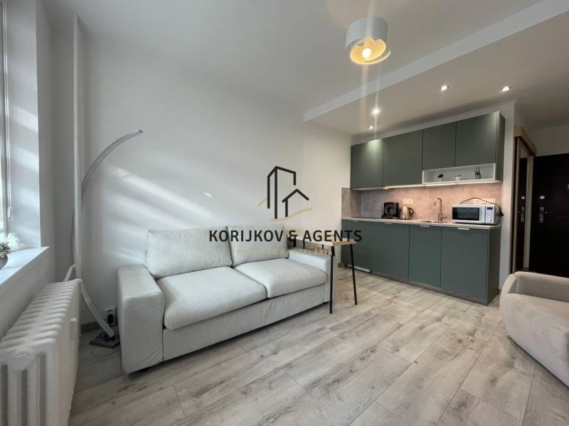 PRENÁJOM, garsónka na Jegorovovom námestí, Košice-Dargovských hrdinov - Garsónka s kuchyňou, pohovkou a podlahou s dreveným dekorom, osvetlená denným svetlom.