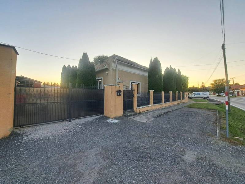 Rodinný dom s veľkým pozemkom v Kolárove –  na bývanie, podnikanie - Rodinný dom v Kolárove s vysokými tujami a kovovým plotom pri ceste.