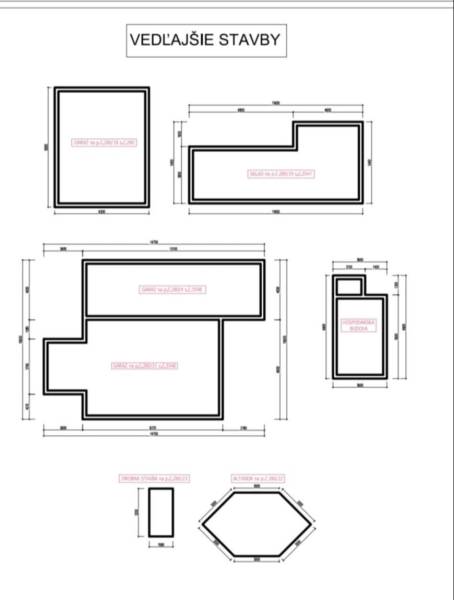 Rodinný dom s veľkým pozemkom v Kolárove –  na bývanie, podnikanie - Plány vedľajších stavieb: garáže, sklady, altánok a technická budova.